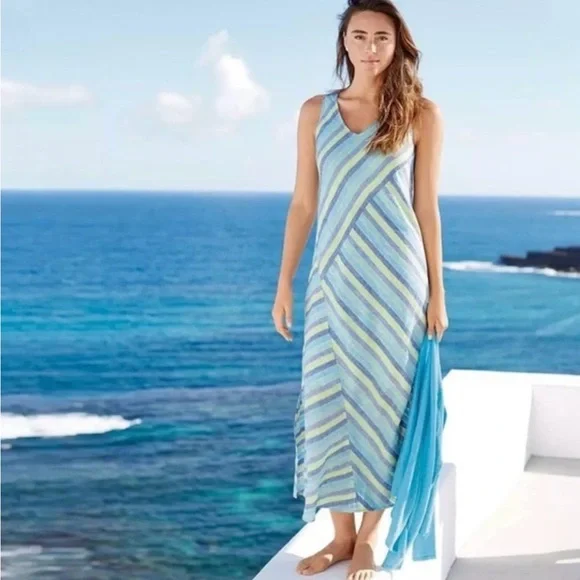 J. Jill | Dresses | J Jill Blue And Green Love Linen Maxi Dress Vneck  Striped 0 Linen Beach Xl | Poshmark